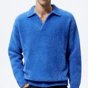 Men's Express Fuzzy Long Sleeve Sweater Jonny Collar Royal Blue - Medium